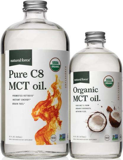 Natural Force Organic Pure C8 + Organic Full Spectrum MCT Oil – USDA Organic, Non GMO, 100% Pure Coconut MCTs – Keto, Paleo, Vegan, and Kosher – 32 Oz & 16 Oz Glass Bottles