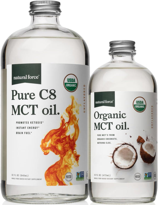 Natural Force Organic Pure C8 + Organic Full Spectrum MCT Oil – USDA Organic, Non GMO, 100% Pure Coconut MCTs – Keto, Paleo, Vegan, and Kosher – 32 Oz & 16 Oz Glass Bottles