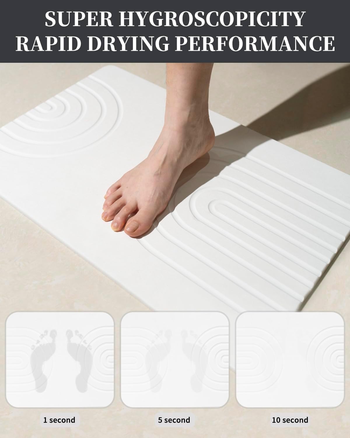 Stone Bath Mat 24"x16" - Diatomaceous Earth Shower Mat, Quick Dry, Anti-Slip, Modern Design with Bonus Non-Slip Pad - Perfect for Home Safety and Style,White,Straight