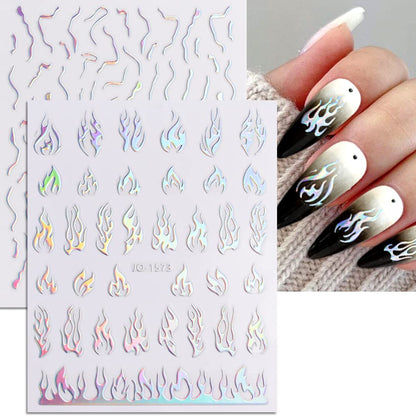 8 Sheets Aurora Silver Heart Nail Decals 3D Self Adhesive Design Star Stickers Holographic Butterfly Flame Nail Stickers for Women Girls DIY Manicure Tips Decoration