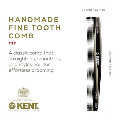Kent F3T Black Graphite Fine Tooth Comb - Hair Parting and Straightening Comb for Men's & Women's Dandruff Remover, Saw Cut and Hand Polished Made in England