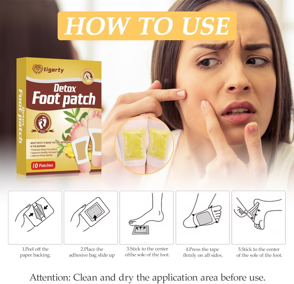 tigerty Foot Patches (10 Pieces), deep Cleansing Foot Patch, Natural Bamboo Vinegar Ginger Powder Foot Care sitckers, Adhesive Patches, Relaxation, Stress Relief, Better Sleep, 10 Pieces (1 Pack)