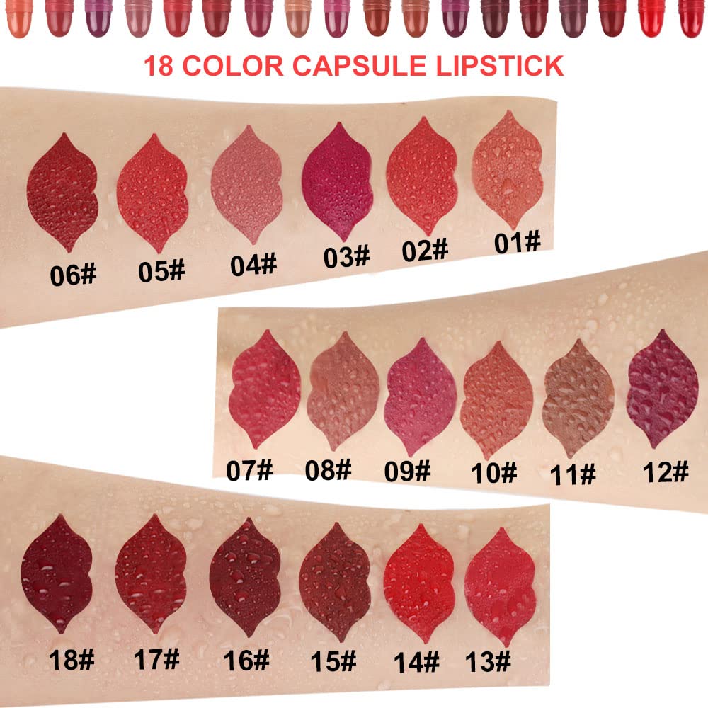 evpct 18Pcs Capsule Pills Lipstick Mini Matte Lipstick Set for Women Long Lasting labiales mate 24 horas originales Deep Red 24 Hour Waterproof Stay on Lip liner Set Sampler
