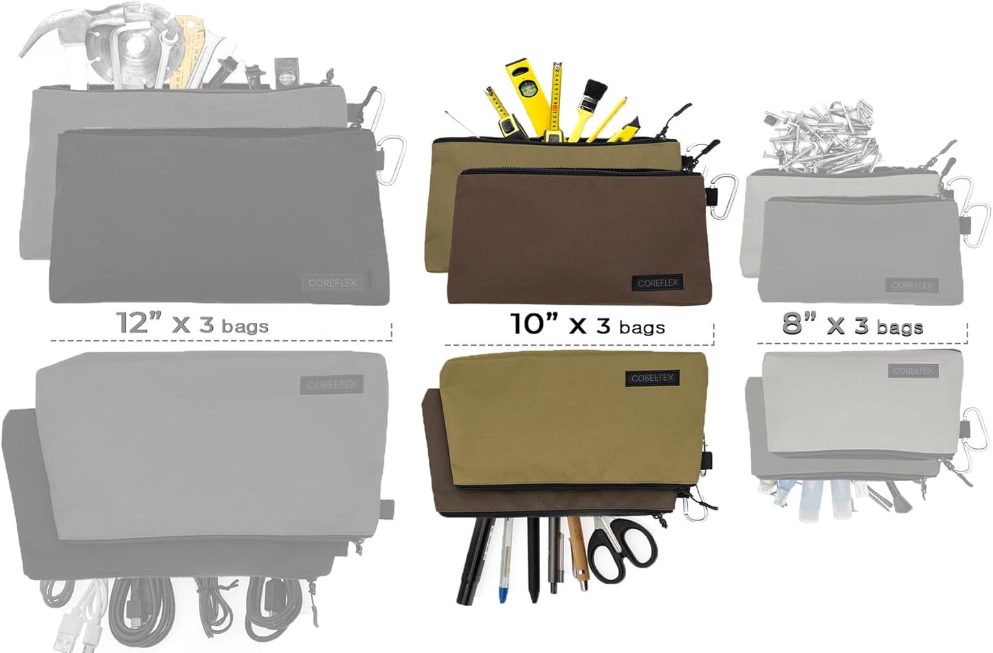 COREFLEX Premium Tool Pouch Zipper Bag, Small Tool Bag, Multipurpose Storage pouch, Heavy duty Flat Bottom Tool bag with YKK Zipper (3 pack Medium 10inch)