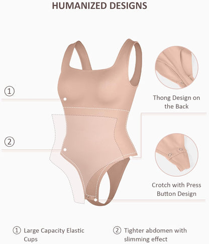 FeelinGirl Bodysuits for Women Seamless Square Neck Tummy Control Compression Thong Shapewear Bodysuit Tank Tops Bodysuit