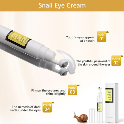 Snail Peptide Eye Cream For Moisturizing, Snail Mucin Eye Cream With Niacinamide, Hyaluronic Acid, Snail Eye Cream For Dark Circles, with 360° Massage Ball Reduce Wrinkles and Fine Lines