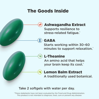 OLLY Ultra Strength Goodbye Stress Softgels, GABA, Ashwagandha, L-Theanine and Lemon Balm, Stress Relief Supplement - 60 Count (Pack of 2)