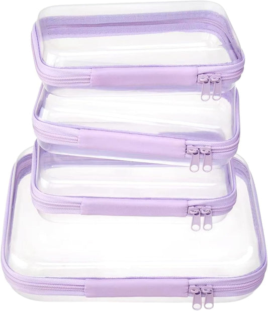 4 pcs Clear Zipper Pouches,Hard Shell Zipper Case, Toiletry Bag for Travel, CLear Diaper Bag, Toiletry Pouch, Travel Organizer, Clear Cosmetic Bag,Toy Storage Bins (M+3S) (Lavender)