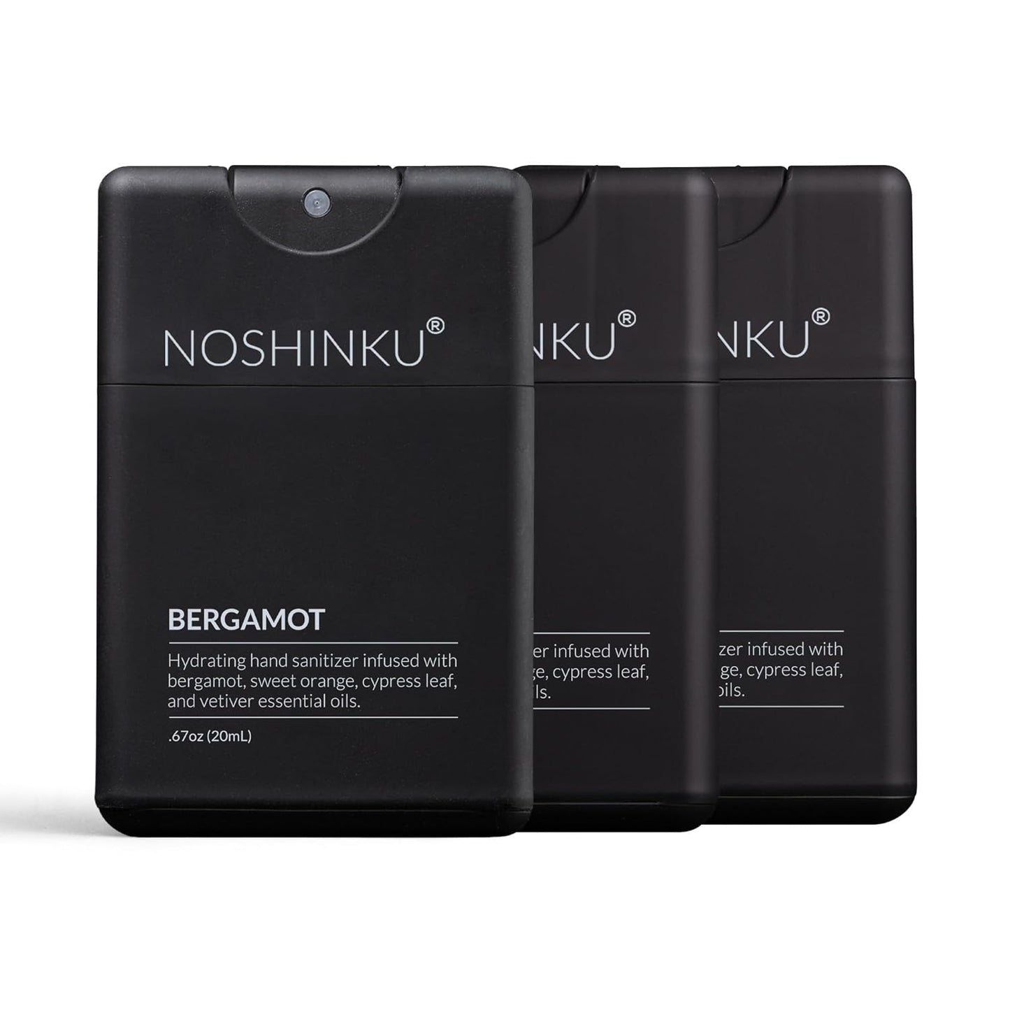 Noshinku - Refillable Hand Sanitizer Bergamot 3-Pack, Travel Size Spray with Hydrating Botanical Oils, Natural Ingredients, All Natural Fragrances, Sugarcane Derived Alcohol, No Parabens, No Dyes