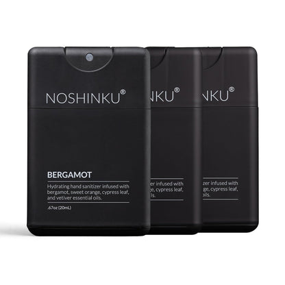 Noshinku - Refillable Hand Sanitizer Bergamot 3-Pack, Travel Size Spray with Hydrating Botanical Oils, Natural Ingredients, All Natural Fragrances, Sugarcane Derived Alcohol, No Parabens, No Dyes