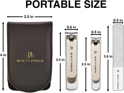 Nail Clippers Set 3 in 1 - Stainless Steel Toe Nail Clippers, Fingernail Clipper, Glass Nail File, Anti Splash, Ergonomic Grip in PU Leather Travel Case for Men & Women (Black Case)