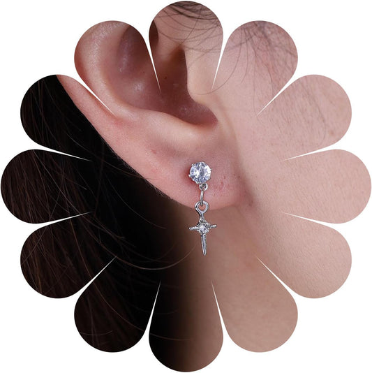 Punk Cross Star Dangle Drop Earrings Vintage Silver Hanging Rhinestone North Star Drop Earrings Minimalist Cross Star Dangle Huggie Small Hoop Earrings Jewelry for Women
