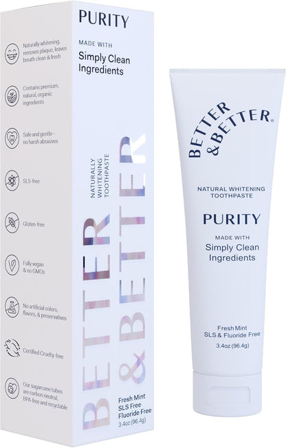 Better & Better Purity Toothpaste | Natural Whitening Toothpaste Without Additives | Organic, Vegan, Fluoride & SLS Free | Coconut-Based Formula w/Fresh Mint Flavor | 3.4oz, 1 Pack
