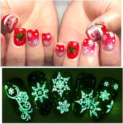 9 Sheets Christmas Glow in The Dark Nail Art Stickers Decals Self-Adhesive Pegatinas Uñas Navidad Winter Holiday Xmas Snowflake Nail Supplies Nail Art Design Decoration Accessories