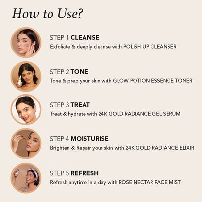 Quick Glow Kit, Hydrating Essence Toner, Exfoliating Face Cleanser, 24K Gold Face Elixir, Face Gel Serum, Face & Body Toner | Smoothens & Softens Skin, Deep Cleanser | Set of 5 - RAS LUXURY OILS