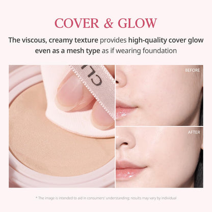 CLIO Kill Cover Mesh Glow Cushion Foundation ([Refill Included] 15g*2, 24W SAND), Glass Skin, Long-Lasting, Lightweight, Buildable Coverage, Glowy Skin Makeup