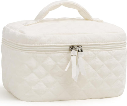 Prite Cotton Makeup Bag Quilted Makeup Bag Large Floral Cosmetic Bag for Women Cute Travel Toiletry Bag with Handle(Beige)