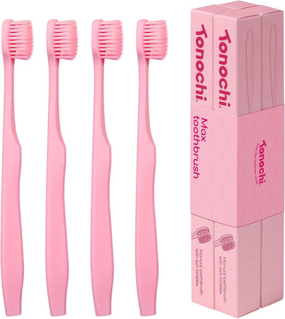Max Extra-Soft Toothbrush for Adults Sensitive Gums – Gentle Bristles, Wide Angled Head for Back Teeth, Ergonomic Non-Slip Grip, BPA-Free Handle, Individually Wrapped, 4-Pack(Pink)