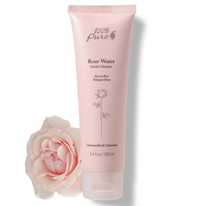 100% PURE Rose Water Gel Cleanser Deeply Moisturizing Hydrating Face Wash with Chamomile & Calendula to Soothe & Replenish Dry, Dehydrated Skin - Vegan - 3.4oz