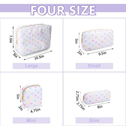 Small Makeup Bag Pouch for Purse，Nylon Travel Toiletry Storage Bag Cute Makeup Organizer Bag for Women Girls，Preppy Waterproof Cosmetic Bag Pouch Skincare Bag Purse with Zipper (Small-White Heart)