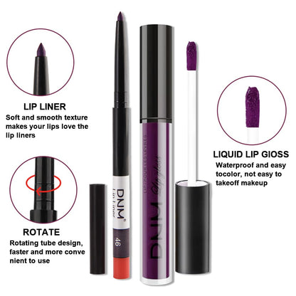 evpct 2Pcs Dark Deep Purple Matte Liquid Lipstick Lip Gloss Stain and Retractable Lip Liner Makeup Set for Women Long Lasting Waterproof 24 Hours Lipstick labial mate larga duracion 24 46#