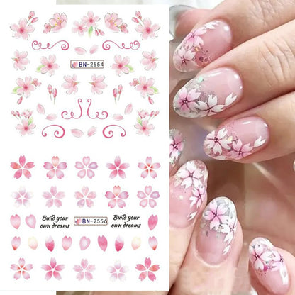 Cherry Blossom Nail Art Stickers - Pink Sakura Water Transfer Foils Decals, Spring Flower Supplies Wrap, Holographic Floral Pattern Acrylic Stickers for Women - 12 Sheets