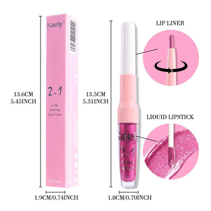 Kaely 2-in-1 Rose Metallic Lipstick and Lip Liner, Shimmer Liquid Metallic Lipsticks for Women, Glitter Lip Gloss Stain Long Lasting Waterproof Smudge Proof 24 Hour, Vegan Makeup, 15