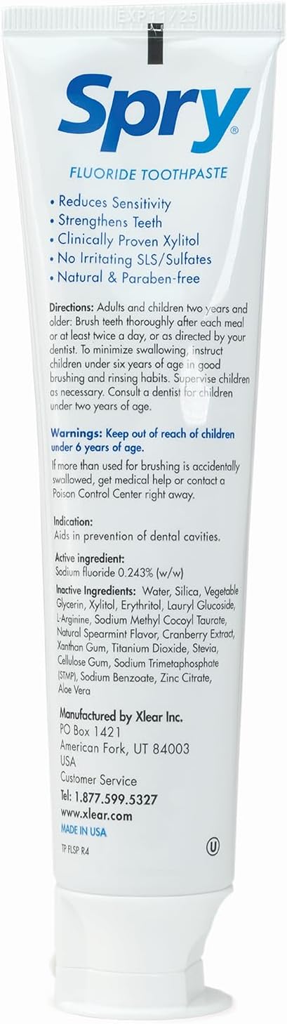 Spry Natural Xylitol Toothpaste 5oz for Adults and Kids with Fluoride, Gentle for Sensitive Teeth Whitening and Remineralizing, Breath Freshening, Mouth Moisturizing, Spearmint (Pack of 1)