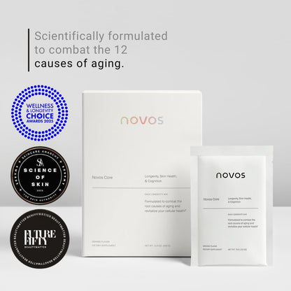 NOVOS Core Longevity Mix, Anti-Aging Supplement, Drink Powder Packet Orange Flavor - Skin Support, Energy, Mood, Sleep and Cognition Support - 30 Servings