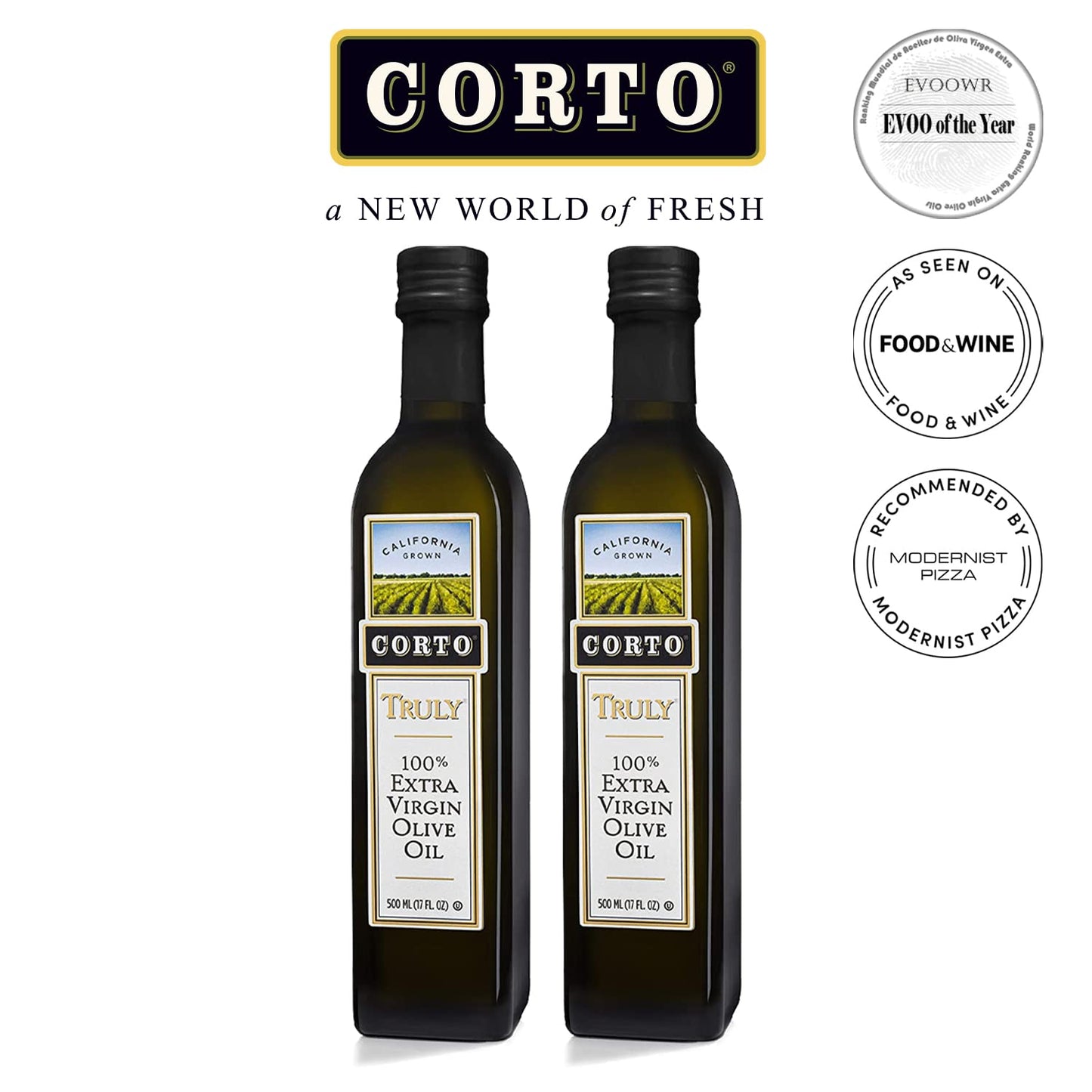 Corto TRULY® | 100% Extra Virgin Olive Oil | Floral Notes | Cold Extracted in State-of-the-Art Mill | Straight from Official Corto Olive Groves & Oil Producer (Truly 500ml Twin)
