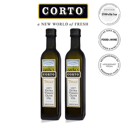 Corto TRULY® | 100% Extra Virgin Olive Oil | Floral Notes | Cold Extracted in State-of-the-Art Mill | Straight from Official Corto Olive Groves & Oil Producer (Truly 500ml Twin)