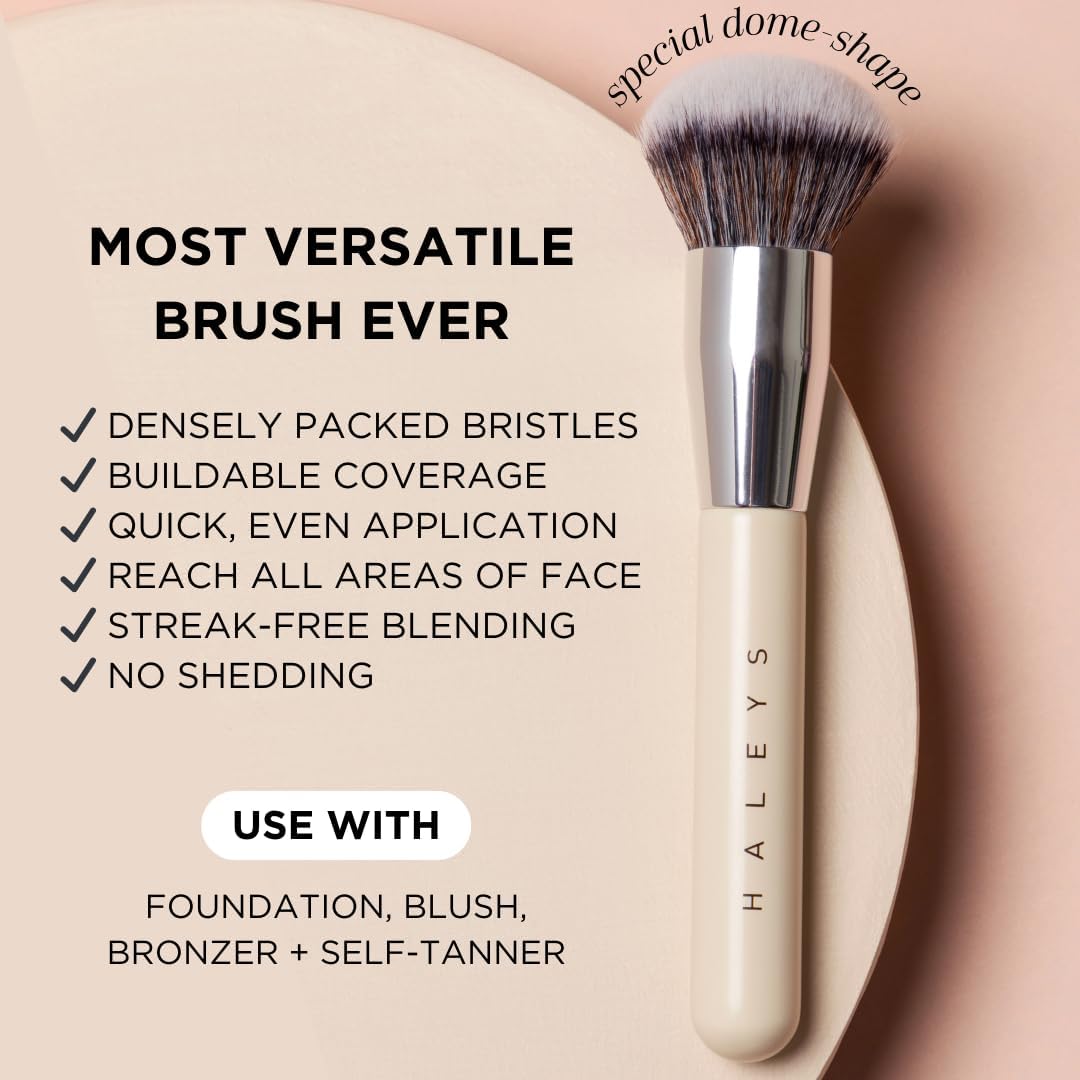HALEYS Kabuki Makeup Brush + GWP Skin Tint Mini, VEGAN+CRUELTY-FREE, Sustainable Wood, Vegan Bristles for Airbrushed Finish, For Creams, Liquids, Powder, Streak-free, Perfect Blending, Buffs, Blurs