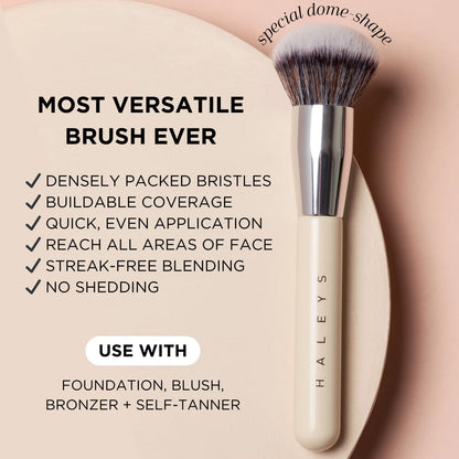 HALEYS Kabuki Makeup Brush + GWP Skin Tint Mini, VEGAN+CRUELTY-FREE, Sustainable Wood, Vegan Bristles for Airbrushed Finish, For Creams, Liquids, Powder, Streak-free, Perfect Blending, Buffs, Blurs