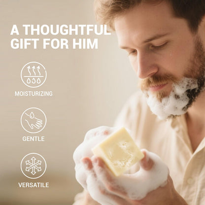 Rinse & Robust 4 Pack Men’s Bar Soap Gift Set, Goat Milk Soap Bar Gift Box, Nourishing Natural Bar Soap Set for Men, No Harsh Chemicals, Includes A Lathering Net, Sandalwood Scented| 5.3 oz of 4 Bars