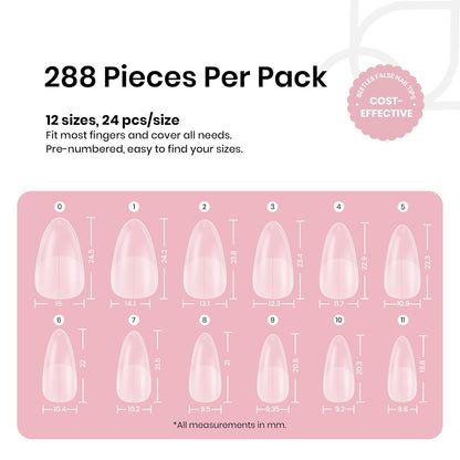 Beetles Medium Almond Nail Tips: 288PCS Medium Almond Matte Clear False Acrylic Press on Nails Tips 12 Sizes Pre-shape Full Cover Nail Tips Nail Extension DIY Valentines Day Gifts for Women