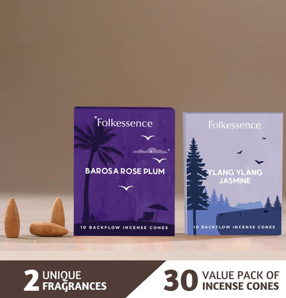 Folkulture Backflow Incense Cones for Home | Pack of 2 (20) Waterfall Sleep Incense Cone Scented | Dual Set - Ylang Ylang & Jasmine | Natural Fragrances | Barossa Rose Plum Incense