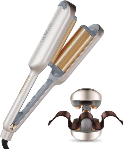 Curling Iron Hair Crimper Waver - TYMO ROVY Beach Waves Curling Wand, Ionic Deep Waver Hair Curler Tool with Ceramic 3 Barrel for Women, Dual Voltage, Anti-Scald, Easy to Use, Elegant Gold, 1.25 Inch