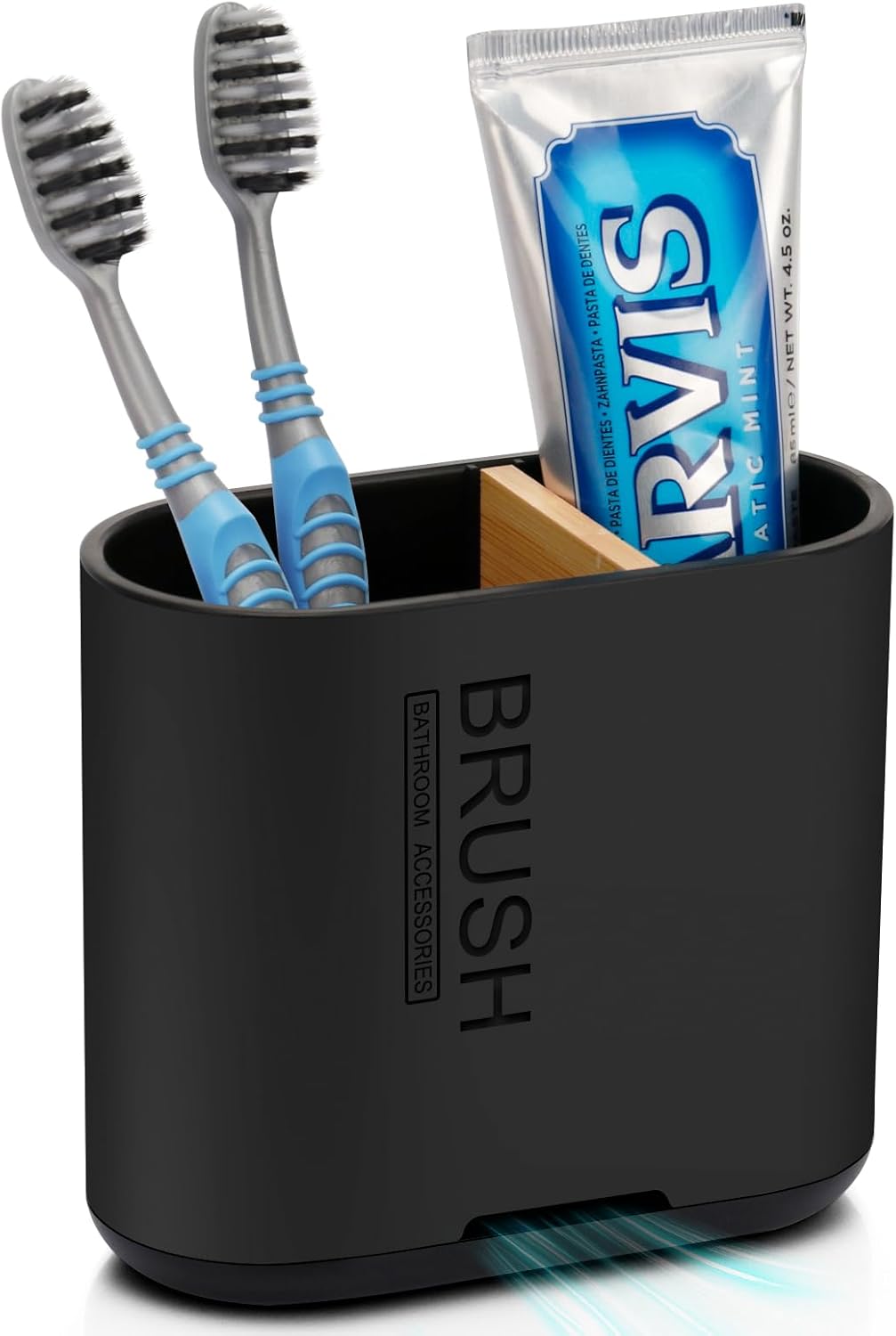 Toothbrush and Toothpaste Holder with Bamboo Divider for Bathroom Countertop Organizer, Detachable for Easy Clean, 2 Slots Electric Toothbrush Holders Storage Caddy Drainage for Family-Black