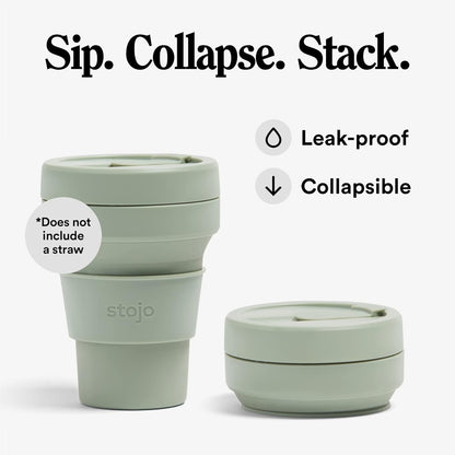 STOJO Collapsible Travel Cup - Reusable To-Go Pocket Size Silicone Bottle for Hot and Cold Drinks - Perfect for Camping - Microwave & Dishwasher Safe (Sage, 12 Ounce (Pack of 1) - No Straw)