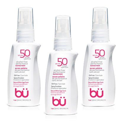 BU SPF 50 Sunscreen Spray for Face and Body, Non Aerosol Spray, TSA Travel Size Sunscreen, Clear, Non Greasy, Water Resistant, White Sage 1 oz (3 Pack)