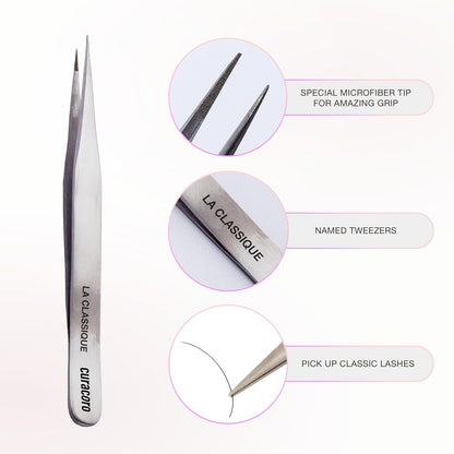 Curacoro Lash Tweezer - Professional & Precision Fiber Tip Grip Lash Tweezers for Eyelash Extensions, Multi Shapes & Purposes Tweezers for Volume, Isolation & Classic Lashes (Silver, La Classique)