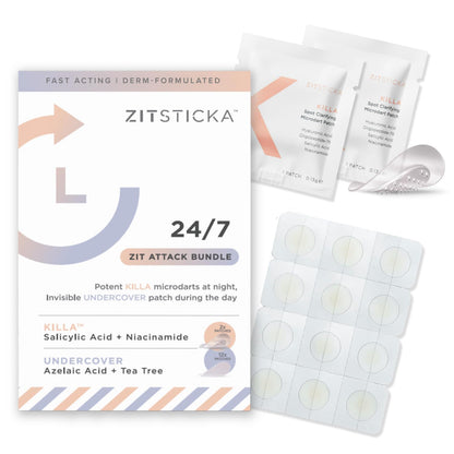 ZitSticka Invisible Pimple Patches for Face, Hydrocolloid Patches, Ultra-Thin Clear Azelaic Acid & CICA Blemish Patches, Pimple Stickers (24/7 Attack Bundle 14 Pack)