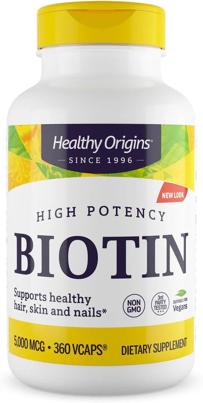 Healthy Origins Biotin 5,000 mcg (USP Grade, Non-GMO, Gluten Free, Hair Support, Nail Support), 360 Veggie Caps