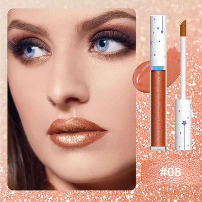 evpct 1Pcs Bronze Gold Metallic Glitter Lip Gloss Stain Lipstick for Women Long Lasting Waterproof 24, Orange Gold Frosted Metallic Shimmer Glossy Chrome iridescent Liquid Lipstick Lip Gloss Makeup 08