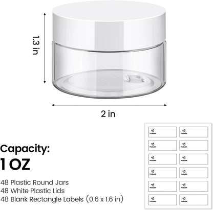 TUZAZO 48 Pack 1 Oz Small Plastic Container Jars with Lids and Labels BPA Free, Empty Round Clear Cosmetic Containers Plastic Slime Jars for Lotion, Cream, Ointments, Samples, Travel Storage (48)