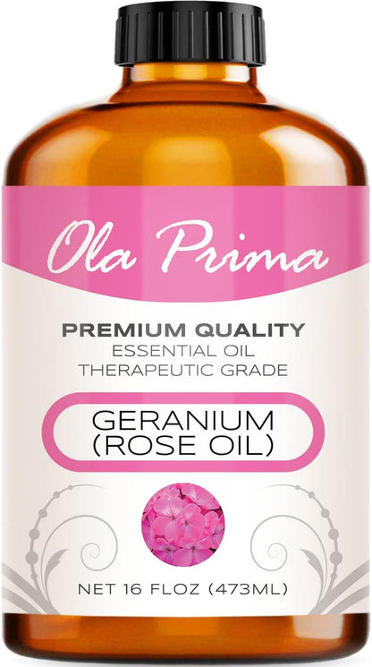 Ola Prima Rose Geranium Essential Oil Pure Therapeutic Grade for Aromatherapy Diffuser, Relaxation & Skincare (16oz Bulk)