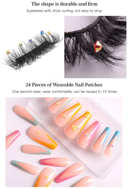 HBZGTLAD 3 in1 color eyeline Press On Nail with Eyelash Packing Boxes Set Package Pink White DIY Lashes and Nail Suit Box 1set… (SET-58)