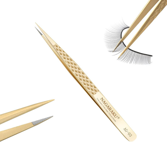 NAGARAKU Eyelash Tweezers, Precision Fiber Tip Tweezer for Eyelash Extensions Diamond Grip Anti-Static Anti-Slip Premium Gold Stainless Steel Pointed Lash Tweezers -Straight Tip Classic Tweezer AG-03