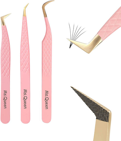 Ms.Queen Eyelash Tweezers for Extensions,Professional 3Pcs Fiber Tip L-Shaped Boot Volume Curved Lash Tweezers Set
