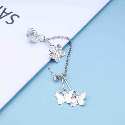 Silver Butterfly Chain Tassel Cuff Earrings Vintage Long Butterfly Hinge Dangle Drop Earrings Single Butterfly Ear Clips Statement Butterfly Crawler Cuff Earrings Jewelry for Women Girls